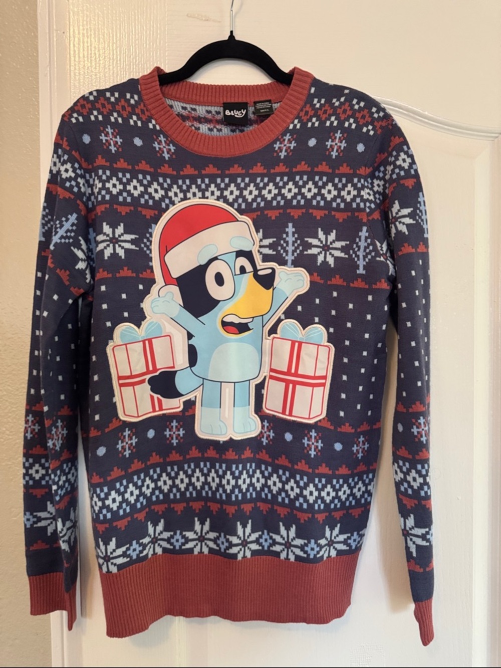 Blue Holiday Crewneck Sweater with Festive Character